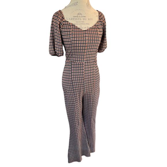 Free People Oxford fall plaid jumpsuit. Orange, black, puff sleeve NWT - Picture 5 of 12